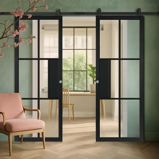 Image: Top Mounted Black Sliding Track & Double Door - Civic Black Industrial Door with Reeded  Glass - Prefinished