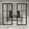 Top Mounted Stainless Steel Sliding Track & Double Door - Civic Black Industrial Door with Reeded  Glass - Prefinished