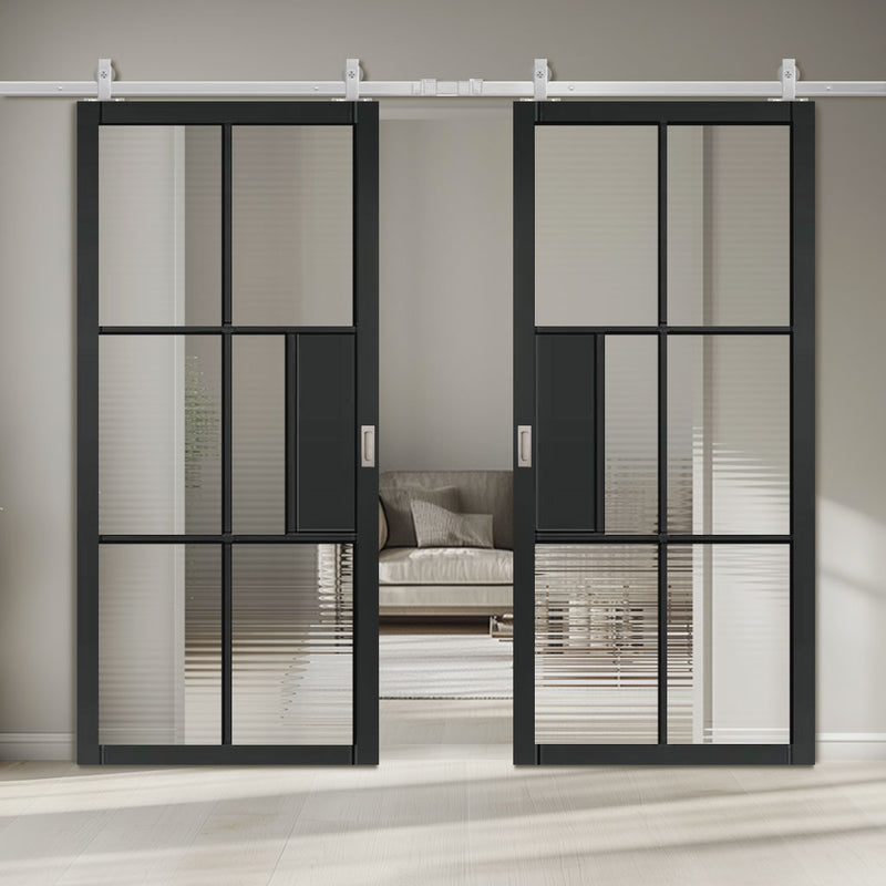 Top Mounted Stainless Steel Sliding Track & Double Door - Civic Black Industrial Door with Reeded  Glass - Prefinished