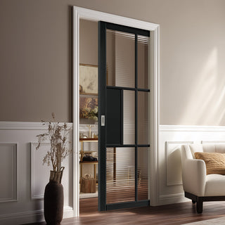 Image: Civic Black Industrial Single Evokit Pocket Door with Reeded  Glass - Prefinished