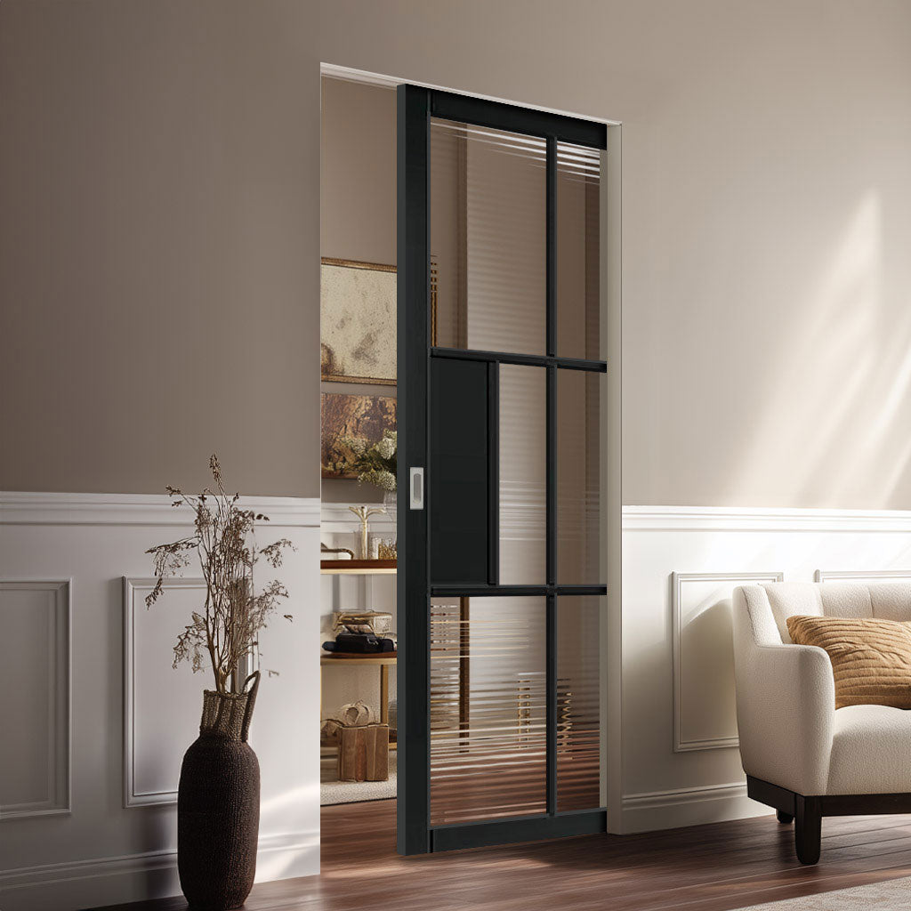 Civic Black Industrial Single Absolute Evokit Pocket Door with Reeded  Glass - Prefinished