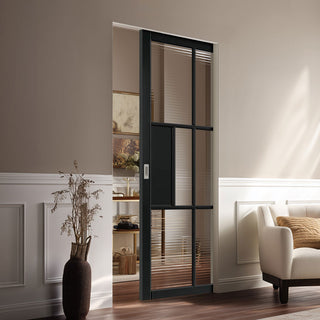 Image: Civic Black Industrial Single Absolute Evokit Pocket Door with Reeded  Glass - Prefinished