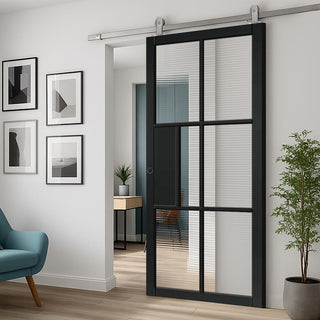 Image: Top Mounted Stainless Steel Sliding Track & Door - Civic Black Industrial Door with Reeded  Glass - Prefinished