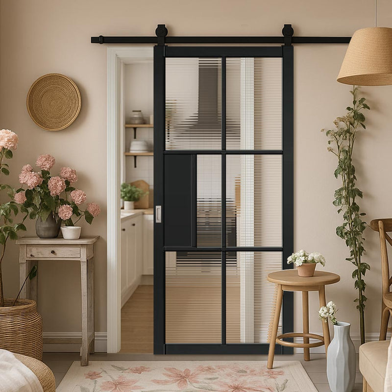 Top Mounted Black Sliding Track & Door - Civic Black Industrial Door with Reeded  Glass - Prefinished