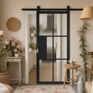 Image: Top Mounted Black Sliding Track & Door - Civic Black Industrial Door with Reeded  Glass - Prefinished