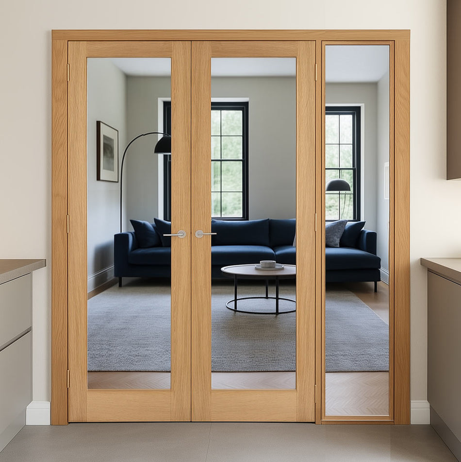 Oak Room Divider - Pattern 10 with Clear Glass Unfinished Door Pair with Full Glass Side