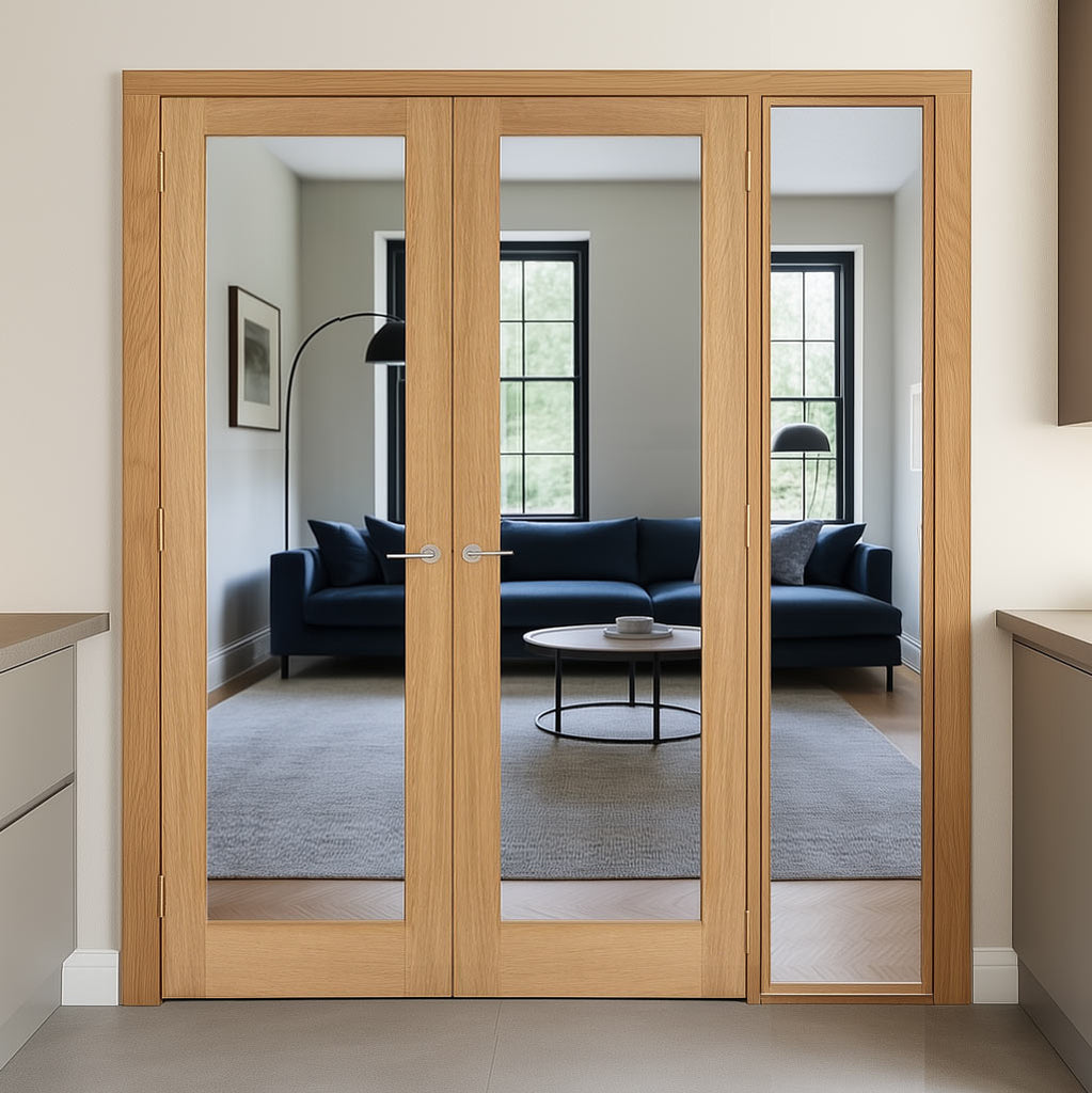 Oak Room Divider - Pattern 10 with Clear Glass Unfinished Door Pair with Full Glass Side