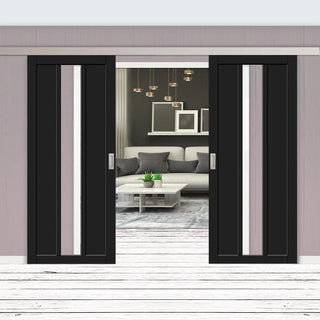 Image: Double Sliding Door & Premium Wall Track - Eco-Urban® Cornwall 1 Pane 2 Panel Doors DD6404G Clear Glass - 6 Colour Options