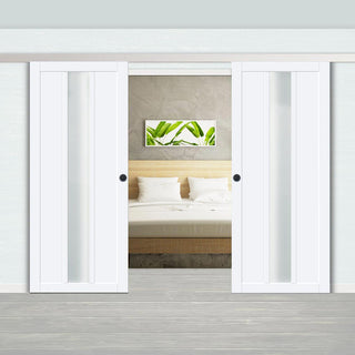 Image: Double Sliding Door & Premium Wall Track - Eco-Urban® Cornwall 1 Pane 2 Panel Doors DD6404SG Frosted Glass - 6 Colour Options