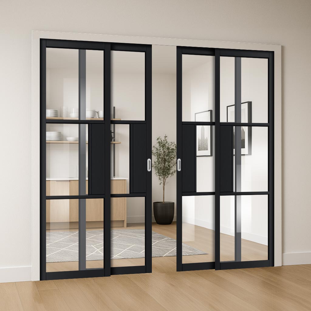 Cosmo Black Industrial Staffetta Quad Telescopic Pocket Doors - Clear Glass - Laminated - Prefinished