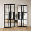 Cosmo Black Industrial Staffetta Quad Telescopic Pocket Doors - Clear Glass - Laminated - Prefinished