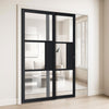 Cosmo Black Industrial Staffetta Twin Telescopic Pocket Doors - Clear Glass - Laminated - Prefinished