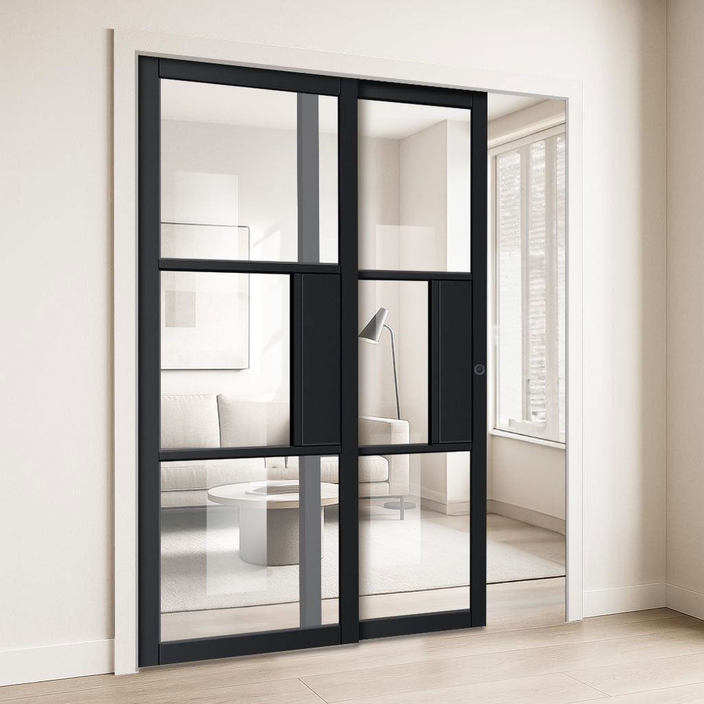 Cosmo Black Industrial Staffetta Twin Telescopic Pocket Doors - Clear Glass - Laminated - Prefinished