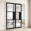 Cosmo Black Industrial Staffetta Twin Telescopic Pocket Doors - Clear Glass - Laminated - Prefinished