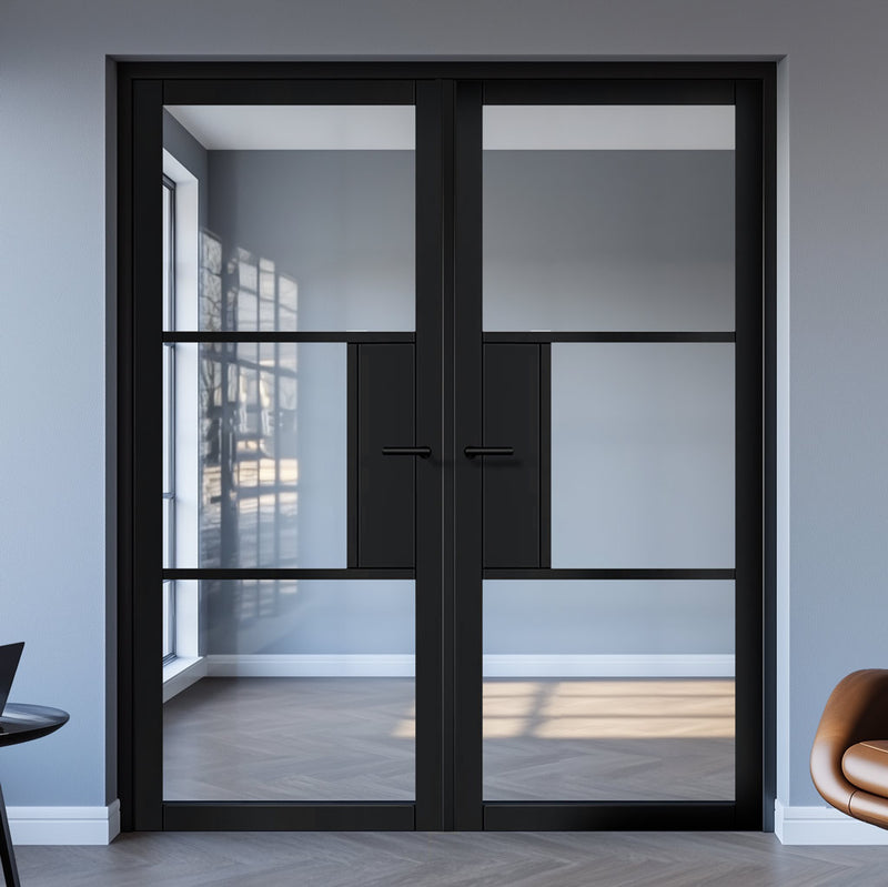 Cosmo Black Industrial Door with Clear Glass - Laminated - Prefinished