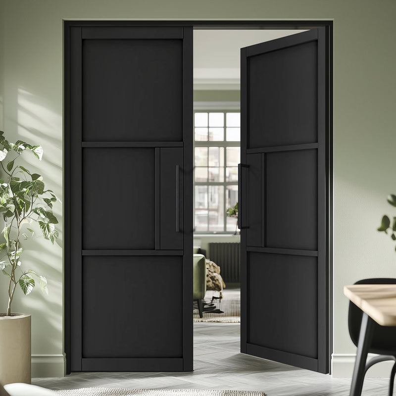 Cosmo Black Industrial Panel Door Pair - Laminated - Prefinished