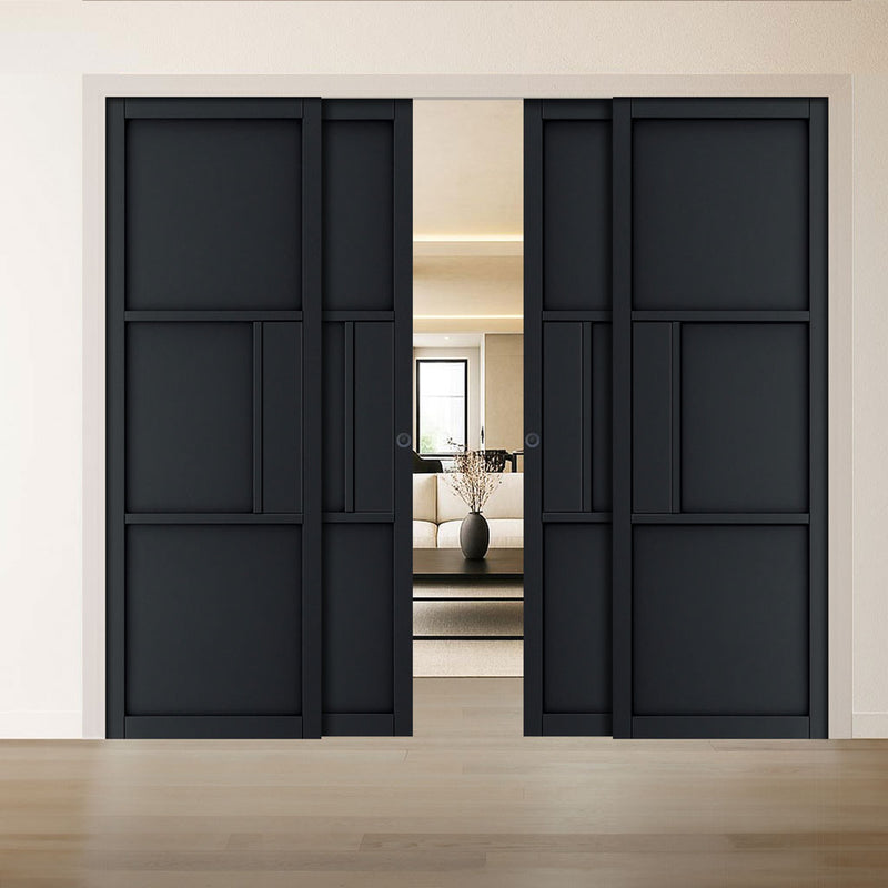 Cosmo Black Industrial Panelled Staffetta Quad Telescopic Pocket Doors - Laminated - Prefinished