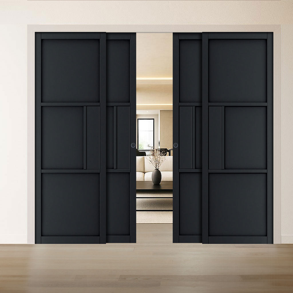 Cosmo Black Industrial Panelled Staffetta Quad Telescopic Pocket Doors - Laminated - Prefinished