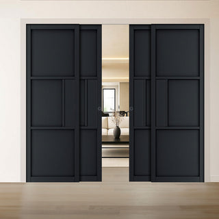 Image: Cosmo Black Industrial Panelled Staffetta Quad Telescopic Pocket Doors - Laminated - Prefinished