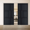 Cosmo Black Industrial Panelled Staffetta Quad Telescopic Pocket Doors - Laminated - Prefinished