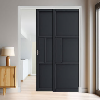 Image: Cosmo Black Industrial Panel Staffetta Twin Telescopic Pocket Doors - Laminated - Prefinished