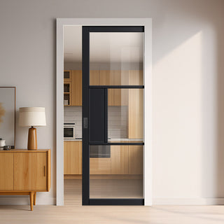 Image: Cosmo Black Industrial Single Evokit Pocket Door with Clear Glass - Laminated - Prefinished