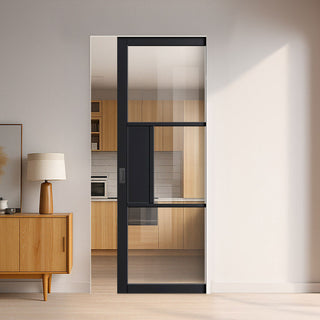 Image: Cosmo Black Industrial Single Absolute Evokit Pocket Door with Clear Glass - Laminated - Prefinished