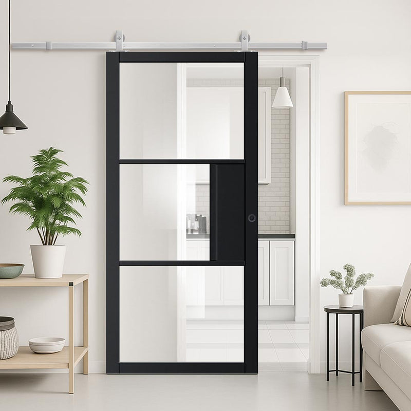 Top Mounted Stainless Steel Sliding Track & Door - Cosmo Black Industrial Door with Clear Glass - Laminated - Prefinished