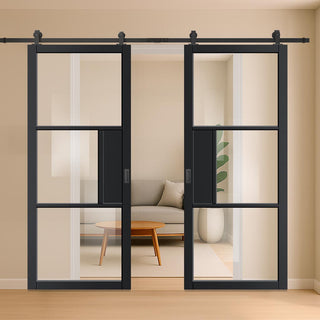 Image: Top Mounted Black Sliding Track & Double Door - Cosmo Black Industrial Door with Clear Glass - Laminated - Prefinished