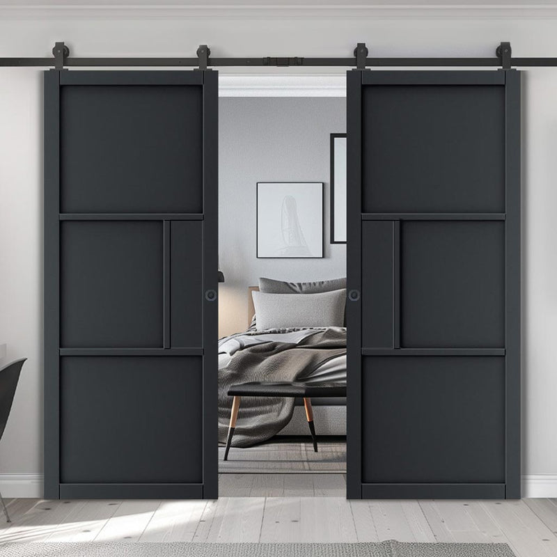 Top Mounted Black Sliding Track & Double Door - Cosmo Black Industrial Door - Laminated - Prefinished