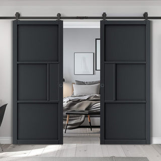 Image: Top Mounted Black Sliding Track & Double Door - Cosmo Black Industrial Door - Laminated - Prefinished
