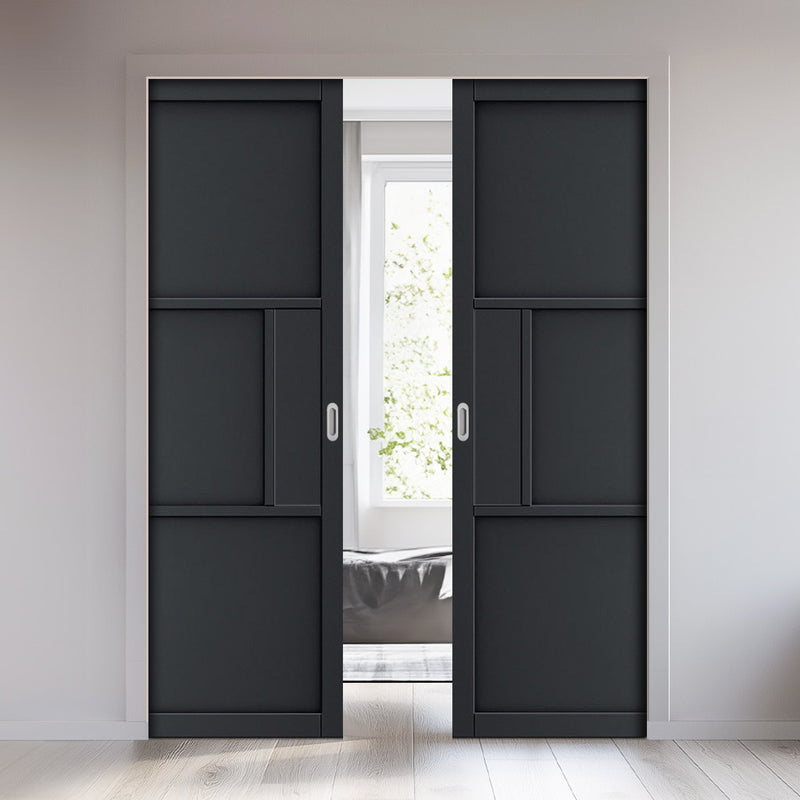 Cosmo Black Industrial Panel Double Evokit Pocket Doors - Laminated - Prefinished