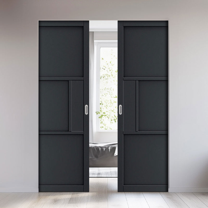 Cosmo Black Industrial Panel Absolute Evokit Double Pocket Doors - Laminated - Prefinished