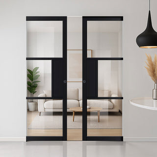 Image: Cosmo Black Industrial Absolute Evokit Double Pocket Doors with Clear Glass - Laminated - Prefinished
