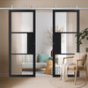 Top Mounted Stainless Steel Sliding Track & Double Door - Cosmo Black Industrial Door with Clear Glass - Laminated - Prefinished