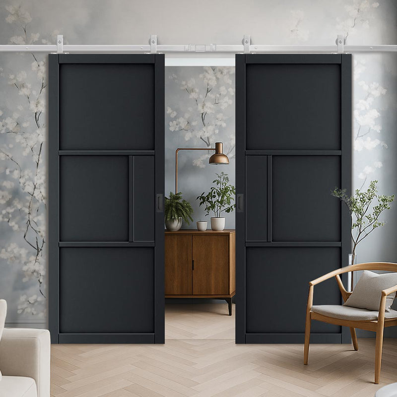 Top Mounted Stainless Steel Sliding Track & Double Door - Cosmo Black Industrial Door - Laminated - Prefinished