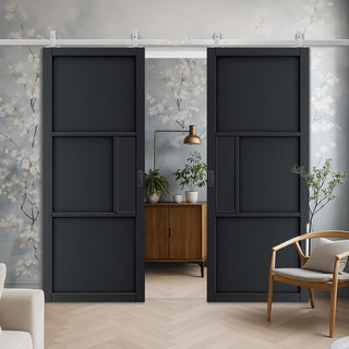 Image: Top Mounted Stainless Steel Sliding Track & Double Door - Cosmo Black Industrial Door - Laminated - Prefinished