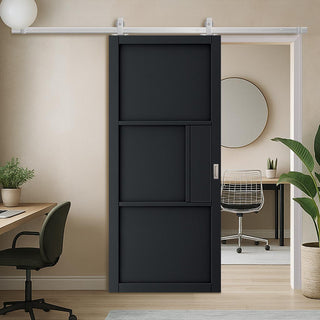 Image: Top Mounted Stainless Steel Sliding Track & Door - Cosmo Black Industrial Door - Laminated - Prefinished