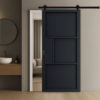 Image: Top Mounted Black Sliding Track & Door - Cosmo Black Industrial Door - Laminated - Prefinished