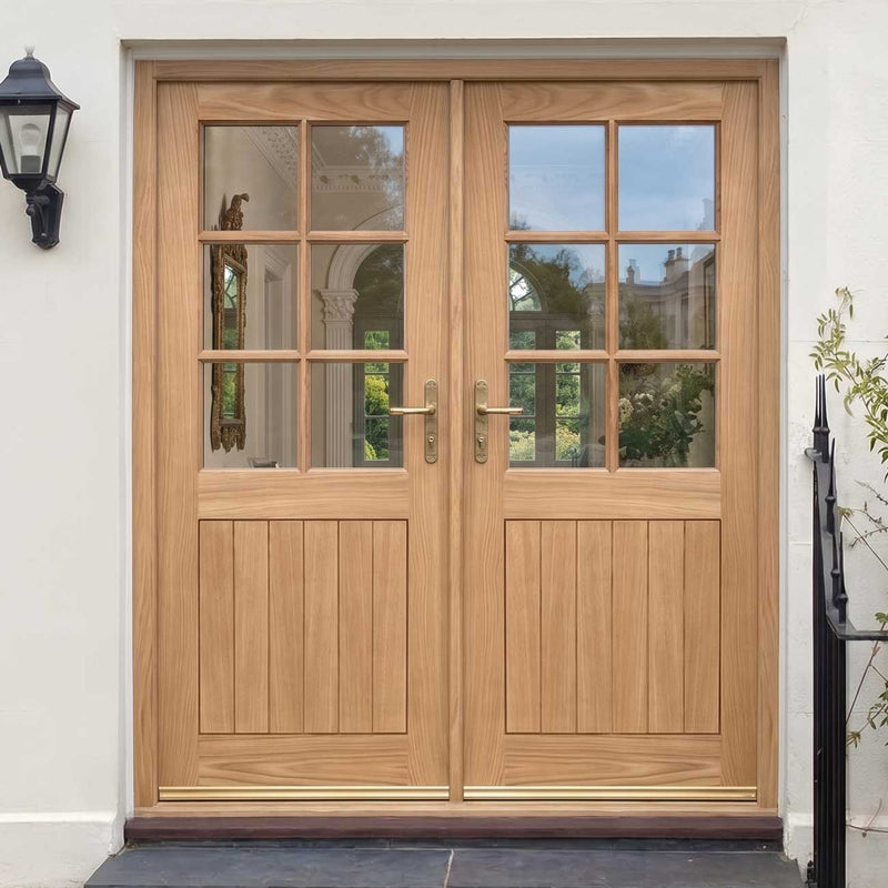 Cottage 6 Pane Oak Double Door and Frame Set - Clear Double Glazing