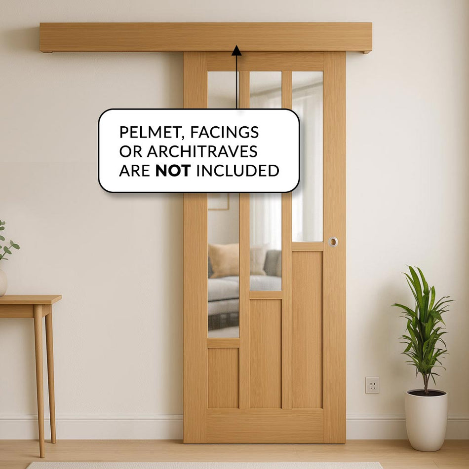 Bespoke Thruslide Surface Coventry Contemporary Oak Door - Clear Glass - Sliding Door and Track Kit - Prefinished