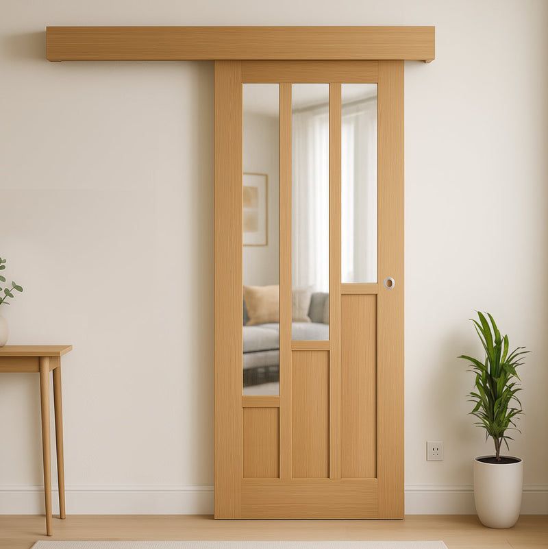 Bespoke Thruslide Surface Coventry Contemporary Oak Door - Clear Glass - Sliding Door and Track Kit - Prefinished