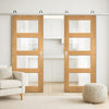 Top Mounted Stainless Steel Sliding Track & Double Door - Coventry Shaker Style Oak Door - Clear Glass - Unfinished