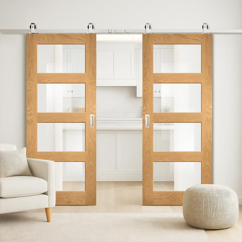 Top Mounted Stainless Steel Sliding Track & Double Door - Coventry Shaker Style Oak Door - Clear Glass - Unfinished