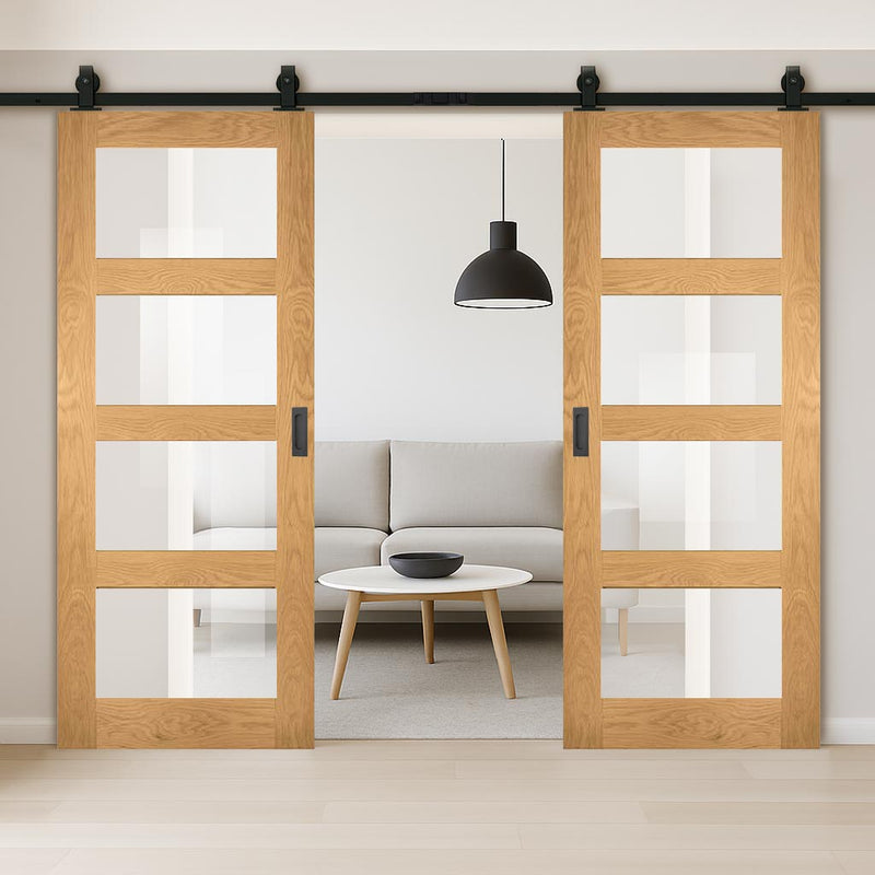 Top Mounted Sliding Track & Double Door - Coventry Shaker Style Oak Door - Clear Glass - Unfinished