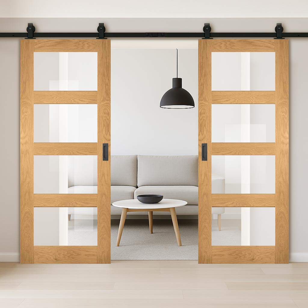 Top Mounted Sliding Track & Double Door - Coventry Shaker Style Oak Door - Clear Glass - Unfinished