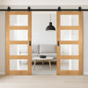 Top Mounted Sliding Track & Double Door - Coventry Shaker Style Oak Door - Clear Glass - Unfinished