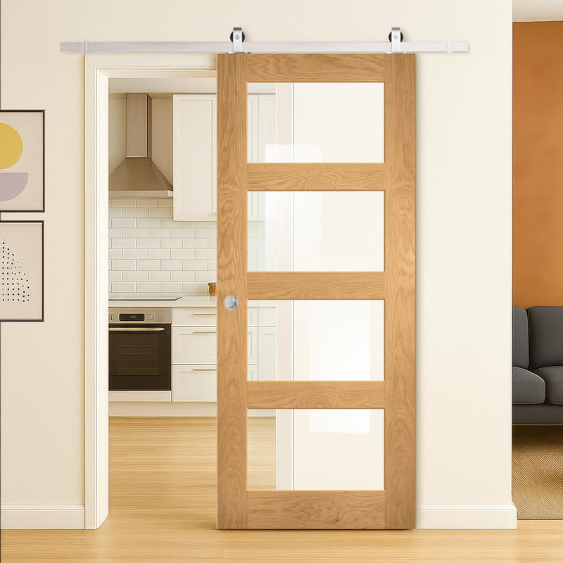 Top Mounted Stainless Steel Sliding Track & Door - Coventry Shaker Style Oak Door - Clear Glass - Unfinished