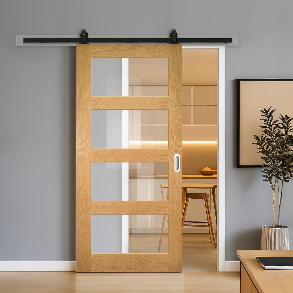 Top Mounted Sliding Track & Door - Coventry Shaker Style Oak Door - Clear Glass - Unfinished