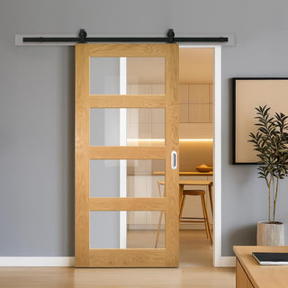 Image: Top Mounted Sliding Track & Door - Coventry Shaker Style Oak Door - Clear Glass - Unfinished
